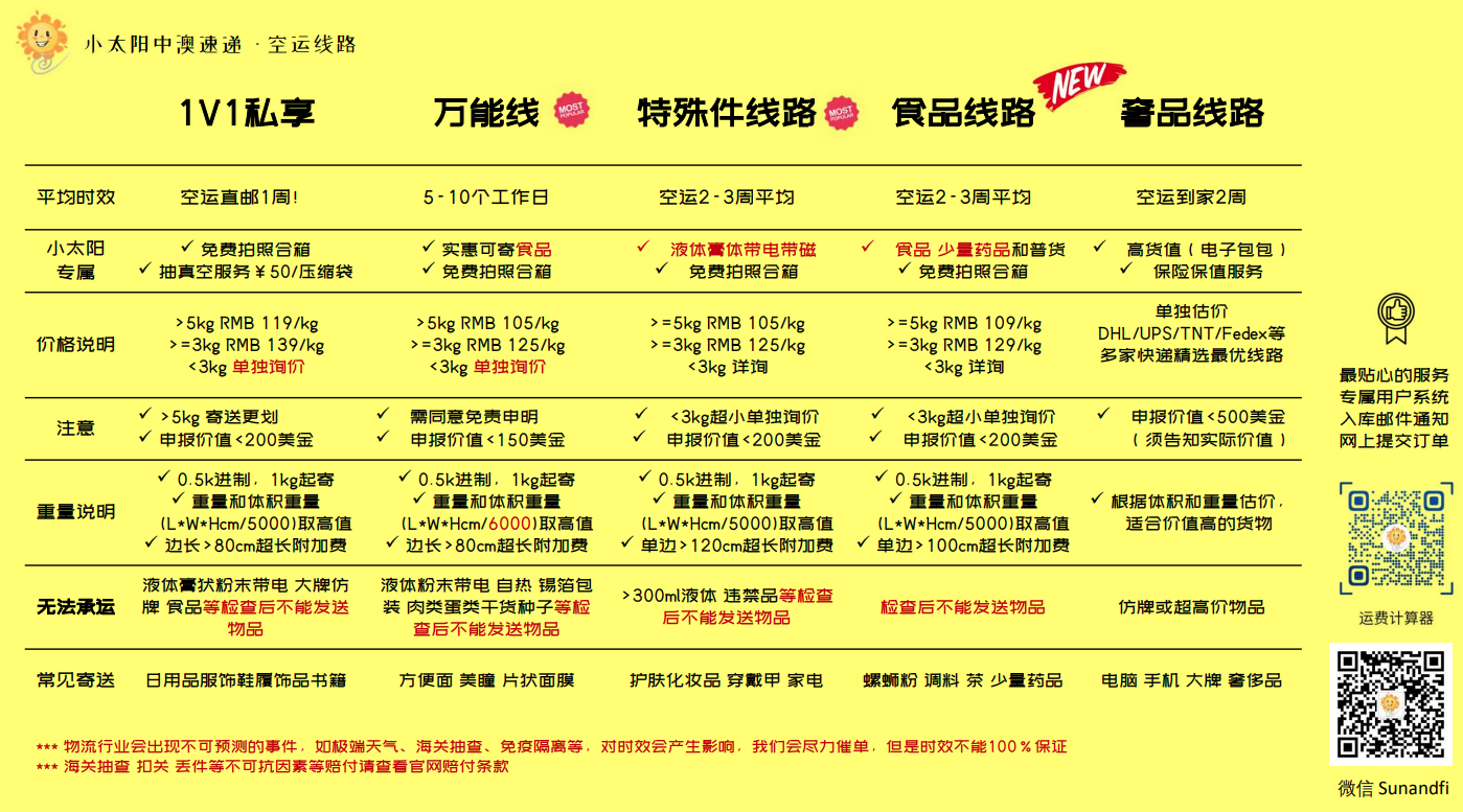 线路价目表- 小太阳速递